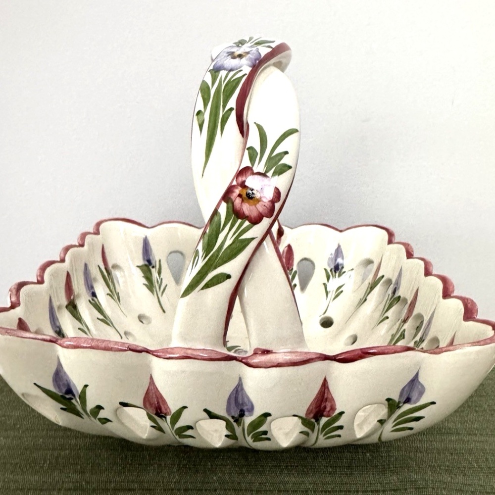 Made in Portugal for Neuwirth Hand Painted Ceramic Floral Basket Braided Handle